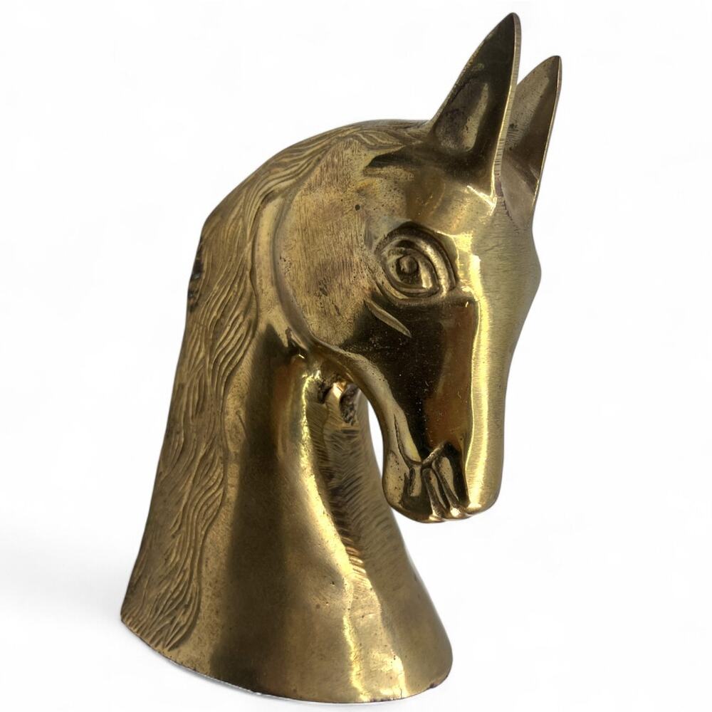 VINTAGE Heavy Cast Brass 6.5in Equestrian Horse Head Bust Decorative Bookend Set